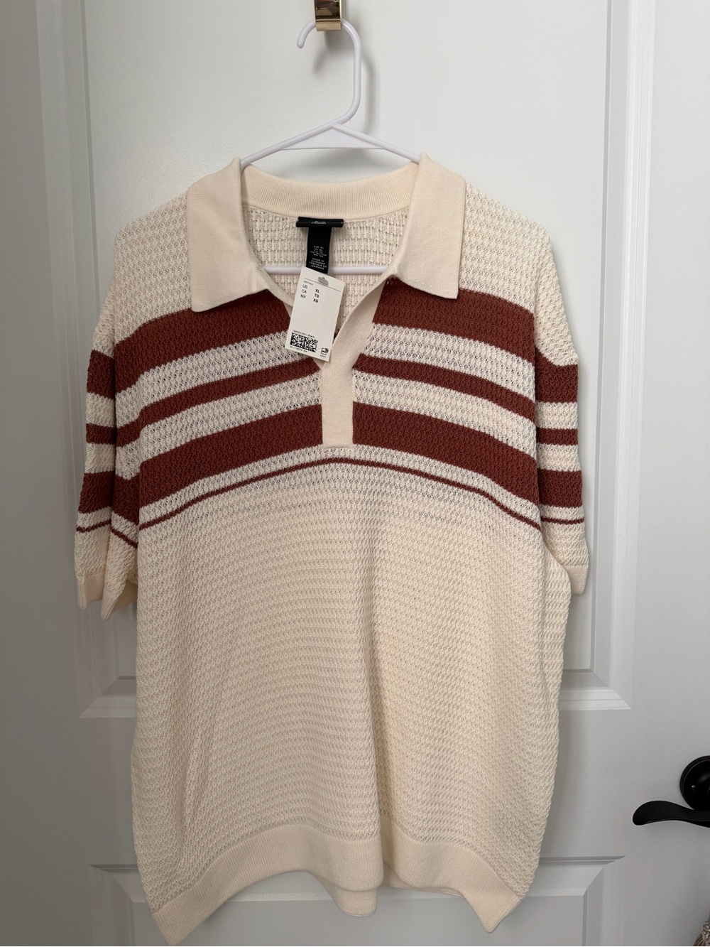 H&M • XL Men’s Cream and Brown Striped Knit Polo Shirt - NWT